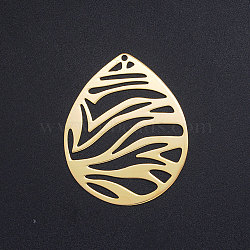 201 Stainless Steel Filigree Pendants, Textured, teardrop, with Stripe Pattern, Golden, 45x36x1mm, Hole: 1.6mm(STAS-S105-JN412)