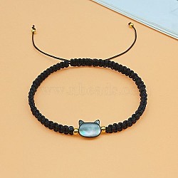 Cat Shaped Natural Shell Braided Bead Bracelets, Adjustable Polyester Cord Bracelets for Women, Black, no size(SE2142-2)