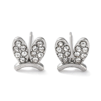 304 Stainless Steel with Rhinestone Stud Earrings, Rabbit Ear, Stainless Steel Color, 7.2x6.8mm
