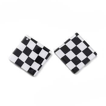 Checkerboard Style Rhombus Acrylic Pendants, Black, 28x28x2.5mm, Hole: 1.2mm