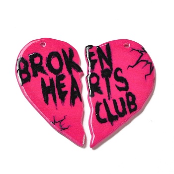 Acrylic Split Pendants, Heart with Word Broken Heart Club Charm, Deep Pink, 45.5~46.5x26~30x2.3~2.8mm, Hole: 1.5~1.8mm, 2pcs/set