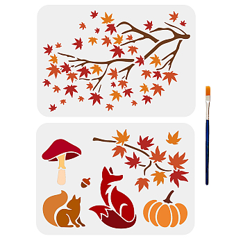 US 2Pcs 2 Styles Autumn PET Hollow Out Drawing Painting Stencils, with 1Pc Art Paint Brushes, for DIY Scrapbook, Photo Album, Maple Leaf & Mushroom & Fox & Pumpkin Pattern, Mixed Patterns, 297x210mm, 1pc/style