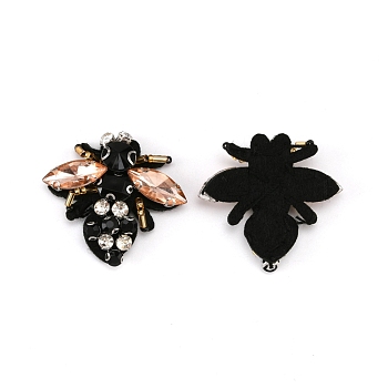 Bee Woven Fabric Ornament Accessories, with Rhinestone, for DIY Clothes, Bag, Pants, Shoes Decoration, White, 40x43x9mm