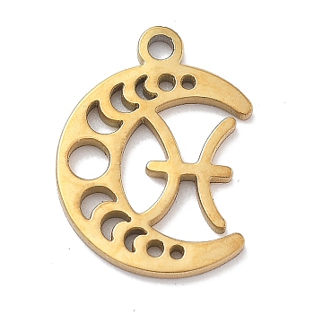 Real 18K Gold Plated 304 Stainless Steel Pendants, Laser Cut, Moon Phase with Constellation Charm, Gemini, 13x9.5x1mm, Hole: 1.2mm