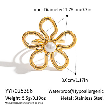 European Style 304 Stainless Steel Hollow Flower Cuff Rings for Women, with Round Imitation Pearl, Real 18K Gold Plated, US Size 7 1/4(17.5mm)
