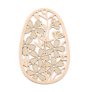 Brass Pendants, Etched Metal Embellishments, Hollow Out Oval with Flower, Light Gold, 40x24x0.2mm, Hole: 1.6mm