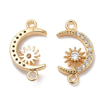 Brass Micro Pave Clear Cubic Zirconia Connector Charms, Moon Links with Sun, Real 18K Gold Plated, 16x9x3mm, Hole: 1.2mm
