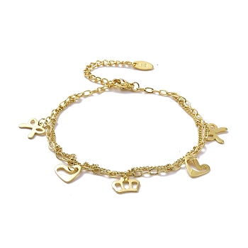 304 Stainless Steel Double Chains Multi-strand Bracelets, Heart & Crown & Crown 201 Stainless Steel Charm Bracelet for Women, Golden, 7-1/8 inch(18.2cm)