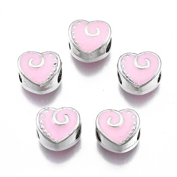 Alloy Enamel European Beads, Large Hole Beads, Cadmium Free & Lead Free, Antique Silver, Heart, Pink, 10x11x8mm, Hole: 4.5mm