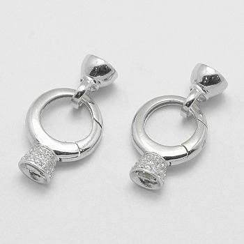 Anti-Tarnish Rhodium Plated 925 Sterling Silver Key Clasps, with Cubic Zirconia, with 925 Stamp, Ring, Platinum, 27x15x6.5mm, Hole: 2mm