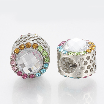 Alloy Rhinestone European Beads, with Acrylic Beads, Large Hole Beads, Column, Platinum, Colorful, 11.5x12.5mm, Hole: 5mm