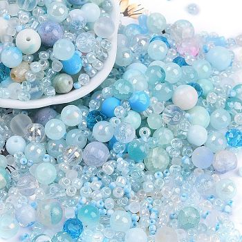 DIY Lampwork Beads & Glass Seed Beds Jewelry Making Findings Kits, Mixed Shapes, Light Sky Blue, 2~12.5x3~10.5mm, Hole: 0.9~2mm