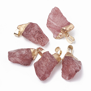 Dyed Natural Quartz Crystal Pendants, with Golden Tone Iron Brass Findings, Nuggets, Red, 20~30x10~18x8~18mm, Hole: 3~4x7mm
