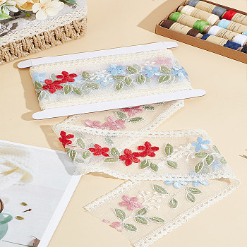 3 Yards Polycotton Embroidery Flower Lace Ribbon, Garment Accessories, with 1Pc Cardboard Display Card, Light Blue, 3-1/2 inch(90mm)