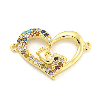 Rack Plating Brass Micro Pave Colorful Cubic Zirconia Heart with Footprint Connector Charms, Cadmium Free & Lead Free, Long-Lasting Plated, Real 18K Gold Plated, 17.5x26.5x3mm, Hole: 1.2mm