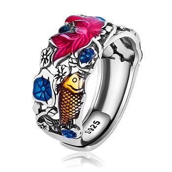 Rhodium Plated 925 Sterling Silver Koi Fish with Lotus Adjustable Ring with Enamel for Women, Colorful, US Size 7 1/4(17.5mm)