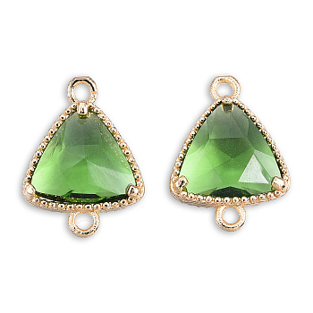 Transparent K9 Glass Connector Charms, with Light Gold Plated Brass Findings, Cadmium Free & Lead Free, Faceted, Triangle, Medium Sea Green, 16x12x4mm, Hole: 1.5mm