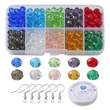 DIY Bracelet Earring Making Kit, Including Rondelle Glass Beads, Elastic Thread, Brass Earring Hooks, Mixed Color, About 660~690Pcs/box