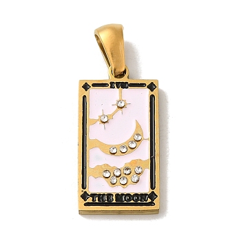 304 Stainless Steel Pendants, with Enamel and Glass Rhinestone, Rectangle with Tarot Charm, Golden, Pink, 19x10.5x2.5mm, Hole: 4x7mm
