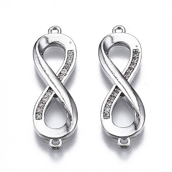 Brass Micro Pave Clear Cubic Zirconia Links Connectors, Infinity, Platinum, 22x7x2mm, Hole: 0.8mm