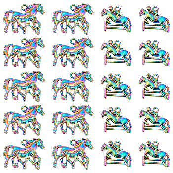20Pcs 2 Style Alloy Pendant, Horse with Rider & Horse, Rainbow Color, 17.5x21x4mm and 22.5x28x4.5mm, 10pcs/style