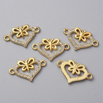 Alloy Crystal Rhinestone Connector Charms, Heart Links, Light Gold, Butterfly, 14x23x2mm, Hole: 1.8mm