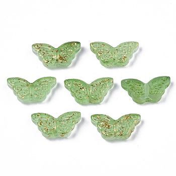 Transparent Spray Painted Glass Beads, with Golden Foil, Butterfly, Light Green, 8x15x4mm, Hole: 1mm