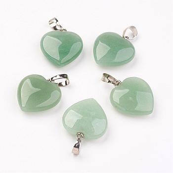 Natural Green Aventurine Pendants, Heart, with Brass Findings, Platinum, 22~23x20~20.5x6~7.5mm, Hole: 5x8mm