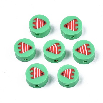 Handmade Polymer Clay Beads, Flat Round with Fish Pattern, Spring Green, 9.5~10x4.5mm, Hole: 1.8mm