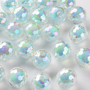 Transparent Acrylic Beads, Bead in Bead, AB Color, Faceted, Round, Sky Blue, 16mm, Hole: 3mm, about 205pcs/500g