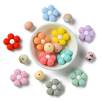 Food Grade Eco-Friendly Silicone Beads, Chewing Beads For Teethers, DIY Nursing Necklaces Making, Flower/Round, Mixed Color, 14.5~26.5x10~15mm, Hole: 2~3mm, 17pcs/box