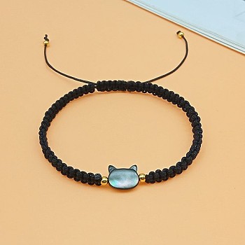 Cat Shaped Natural Shell Braided Bead Bracelets, Adjustable Polyester Cord Bracelets for Women, Black, no size