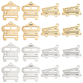 Unicraftale 16Pcs 4 Styles 201 Stainless Steel Pendants, Laser Cut, Crane & Truck, Golden & Stainless Steel Color, 11.5~16.5x16~16.5x1mm, Hole: 1.4~4mm, 4pcs/style