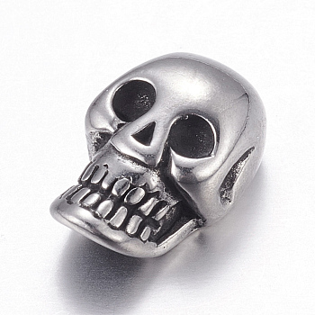 304 Stainless Steel Beads, Skull, Antique Silver, 14x9x6mm, Hole: 3mm