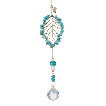 Synthetic Turquoise with Glass and Lampwork Pendant Decorations, With Alloy Finding, Leaf, 250mm