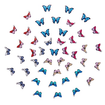 48Pcs 6 Colors Printed Alloy Pendants, with Enamel, Butterfly, Platinum, Mixed Color, 13x20x2mm, Hole: 1.6mm, 8pcs/color
