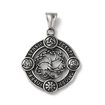 Viking Runes 304 Stainless Steel Pendants, Flat Round with Tree of Life Charm, Antique Silver, 38x33x3mm, Hole: 9x4mm