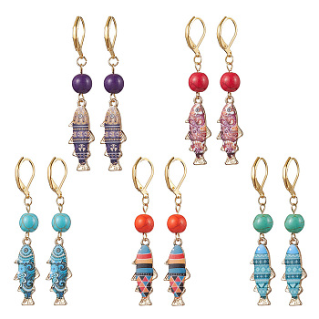 Alloy Fish Dangle Leverback Earrings, with Synthetic Turquoise Beads, Mixed Color, 58x10.5mm