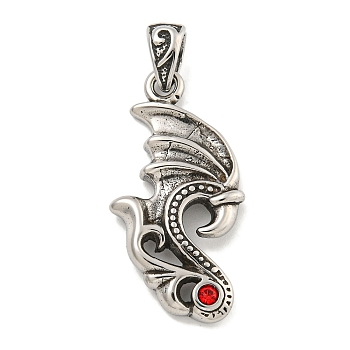 316 Surgical Stainless Steel Pendants, with Rhinestone, Dragon Wing Charm, Antique Silver, 34.5x17.5x3.5mm, Hole: 3.5x6.5mm