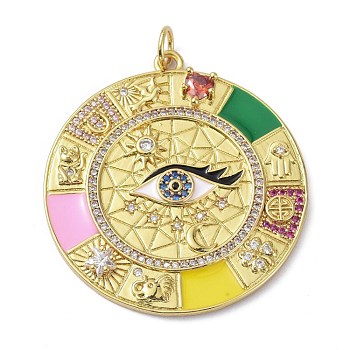 Brass Clear Cubic Zirconia Enamel Pendants, with Jump Ring, Long-Lasting Plated, Lead Free & Cadmium Free, Flat Round with Eye Pattern, Colorful, 38.5x35.5x4mm, Jump Ring: 6x1mm, 4mm Inner Diameter
