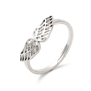 304 Stainless Steel Hollow Wings Adjustable Ring for Women, Stainless Steel Color, US Size 6(16.5mm)