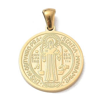 304 Stainless Steel Pendants, Flat Round with Saint Benedict Medal Charms, Ion Plating(IP), Real 18K Gold Plated, 22x20x2mm, Hole: 5x3mm