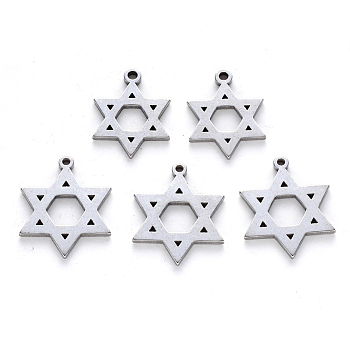 Religion Theme, 304 Stainless Steel Pendants, Laser Cut, for Jewish, Star of David, Stainless Steel Color, 17x14x1mm, Hole: 1.2mm