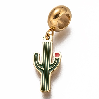 304 Stainless Steel European Dangle Charms, Large Hole Pendants, with Green Enamel, Cactus, Golden, 26mm, Hole: 4.5mm, pendants: 17.5x8x1.5mm.
