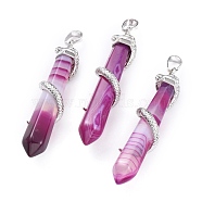 Natural Agate Big Pointed Pendants, with Platinum Plated Brass Bails, Faceted, Bullet with Snake, Dyed & Heated, Orchid, 59~61.5x11~12x11~12mm, Hole: 5x8mm(G-F696-B10)