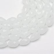 Teardrop Faceted Imitation Jade Glass Beads Strands, White, 11~12x8mm, Hole: 1.5mm, about 60pcs/strand, 27 inch(GLAA-Q052-A05)