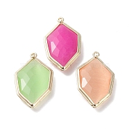 Cat Eye & Dyed Natural Jade Pendants, with Rack Plating Light Gold Plated Edge Brass Findings, Faceted, Hexagon, 31x18x5mm, Hole: 1.4mm(G-G012-02G)