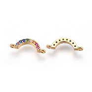 Brass Cubic Zirconia Links, Long-Lasting Plated, Curved, Colorful, Real 18K Gold Plated, 4.3x13.8x2mm, Hole: 0.8mm(ZIRC-E162-13G)
