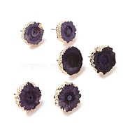 Natural Dyed Quartz Stud Earrings, with Brass Findings, Flat Round, Golden, DarkSlate Blue, 14~22x14~22x5~6mm, Pin: 0.7mm(EJEW-P166-B06)