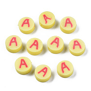 Handmade Polymer Clay Beads, Flat Round with Alphabet, Champagne Yellow, Letter.A, 9x3.5~5mm, Hole: 1.6mm(CLAY-N011-031A)